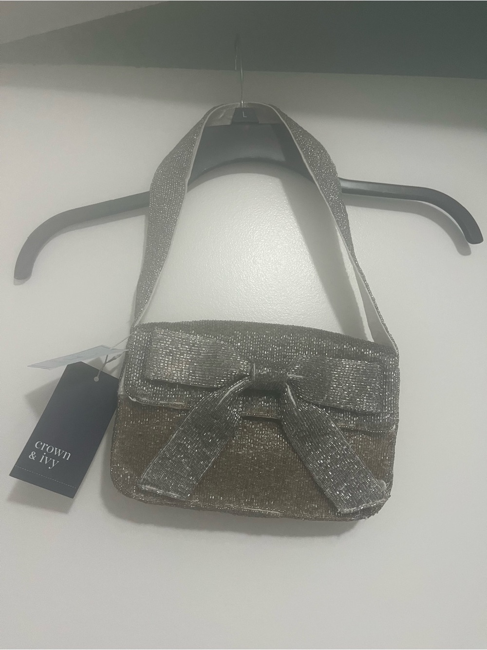 crown & ivy Metallic Silver Sparkle Bow Shoulder Bag
